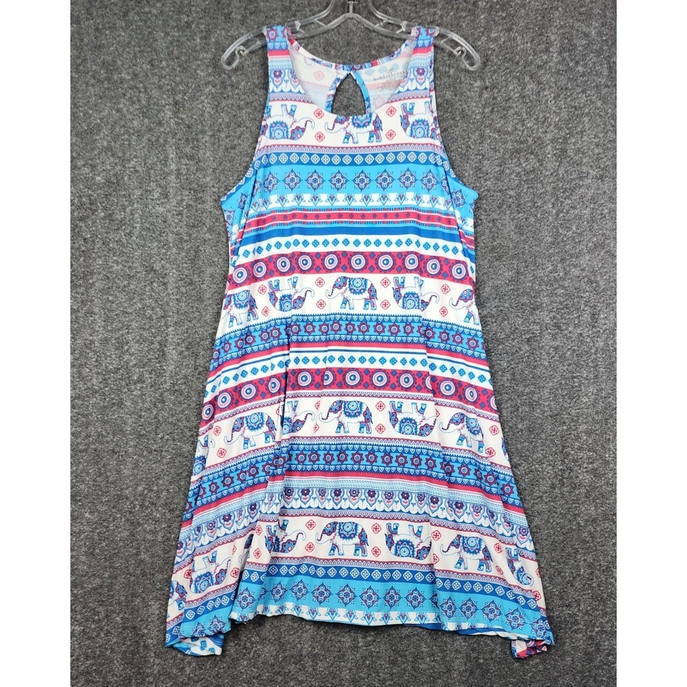 Bobbie Brooks Swing Dress Women Large Blue Red Elephant Print Keyhole Back